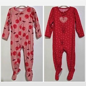 2 Carters Footed Pajamas Girls 2T Kids Red White Hearts & Pink Happy Cherries